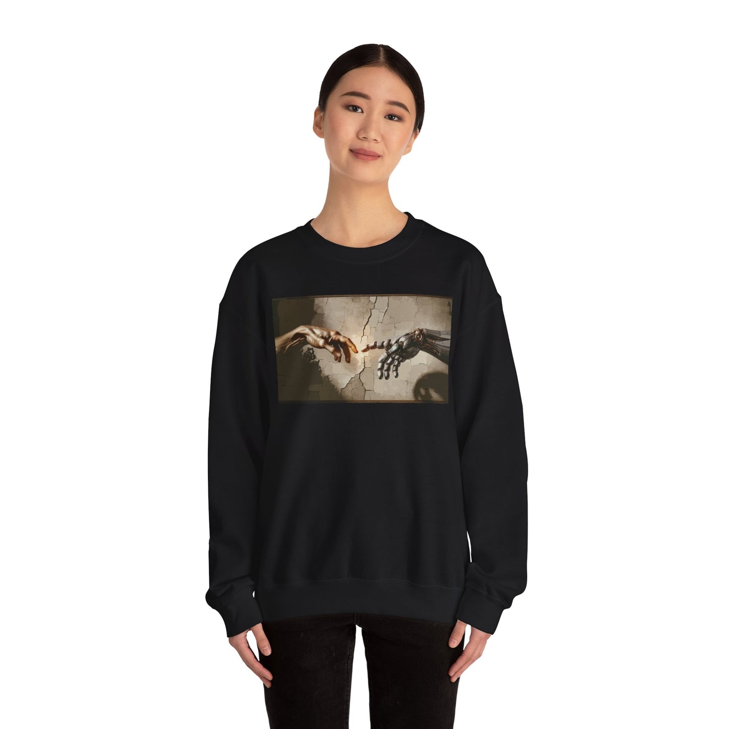 Renaissance Meets Robot Crewneck Sweatshirt — ‘Creation’ Mechanical Hand Graphic