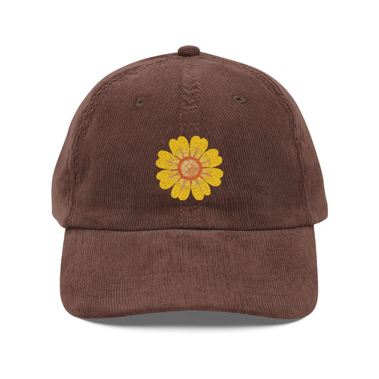 Vintage Corduroy Sunflower Cap — Embroidered Floral Baseball Hat