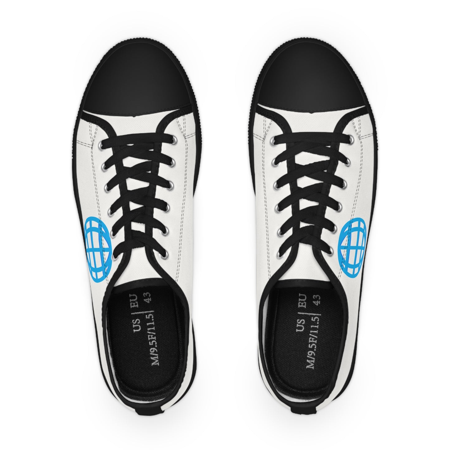 Men's White Low Top Sneakers with Blue Globe Icon — Casual Travel-Inspired Canvas Shoes