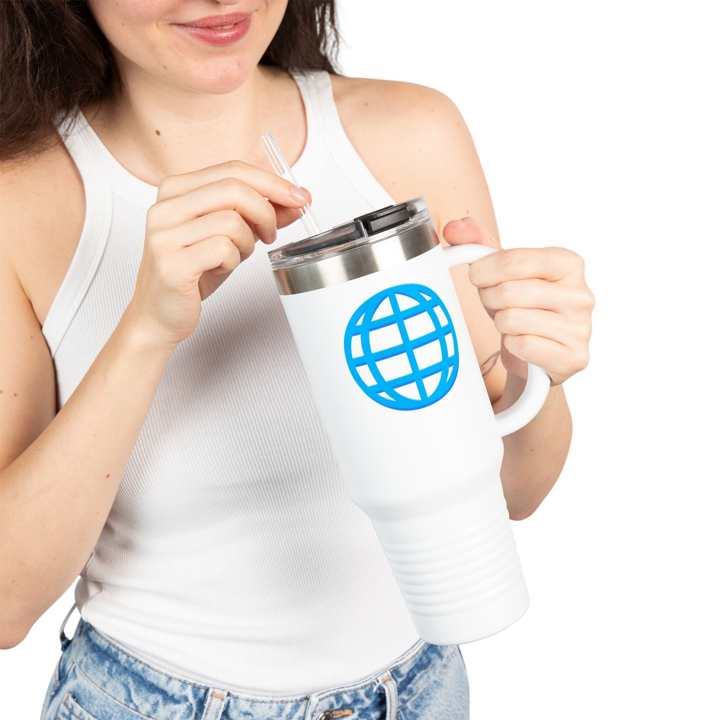 40oz Insulated Travel Mug with Globe — Large Stainless Steel Tumbler with Straw & Handle