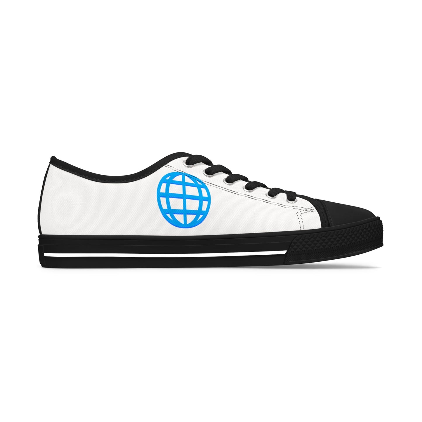 Women's Low Top Sneakers — Minimal White Canvas Shoes with Blue Globe Accent