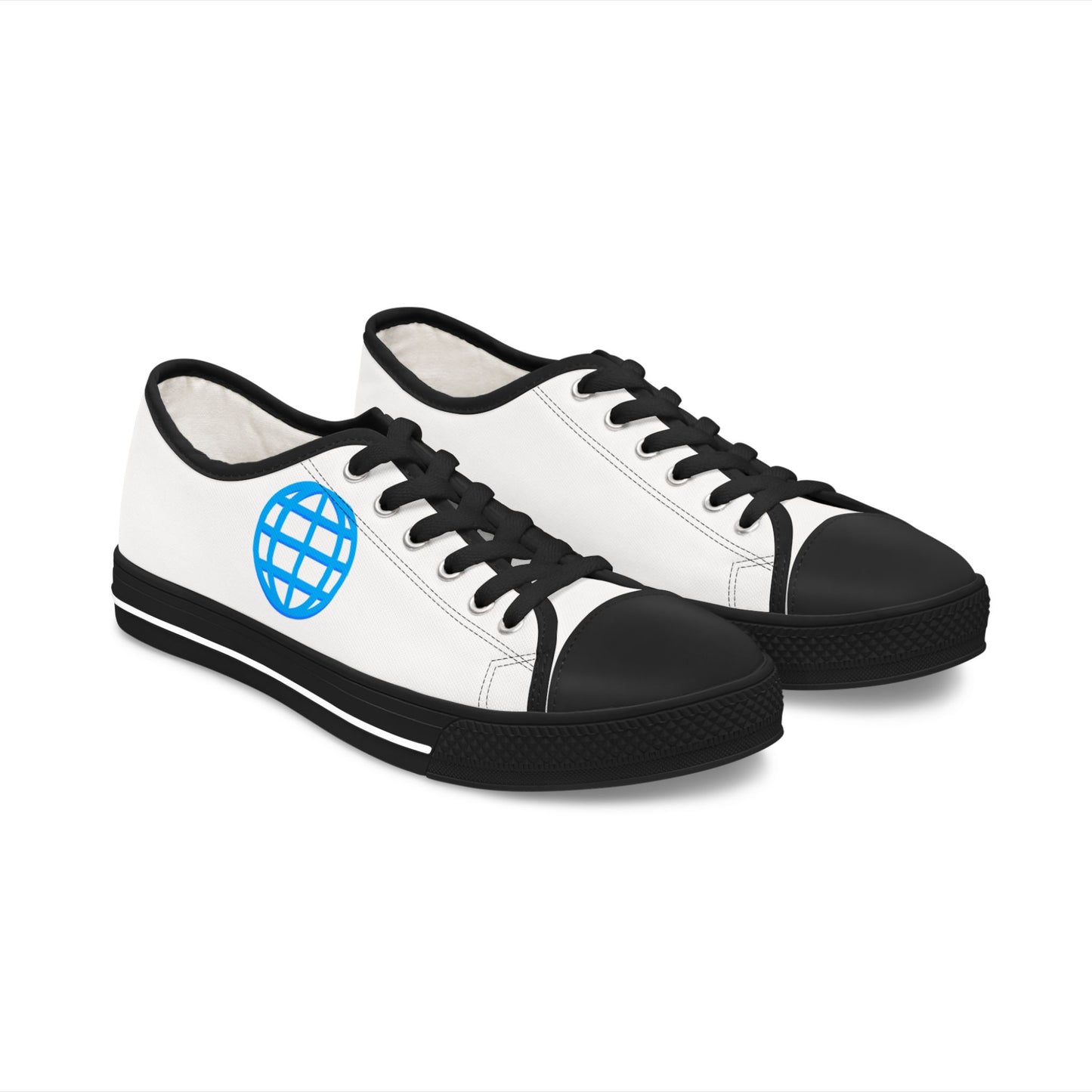 Women's Low Top Sneakers — Minimal White Canvas Shoes with Blue Globe Accent