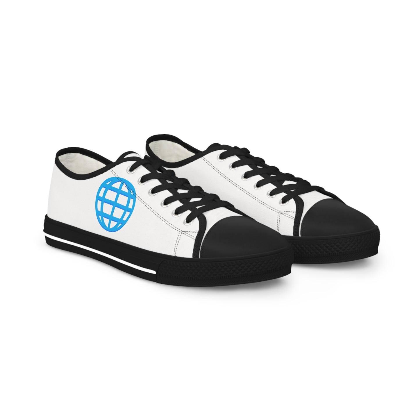 Men's White Low Top Sneakers with Blue Globe Icon — Casual Travel-Inspired Canvas Shoes