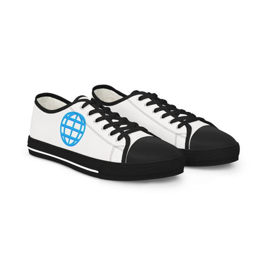 Men's White Low Top Sneakers with Blue Globe Icon — Casual Travel-Inspired Canvas Shoes