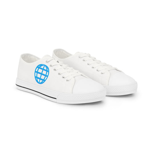 Men's White Low Top Sneakers with Blue Globe Icon — Casual Travel-Inspired Canvas Shoes