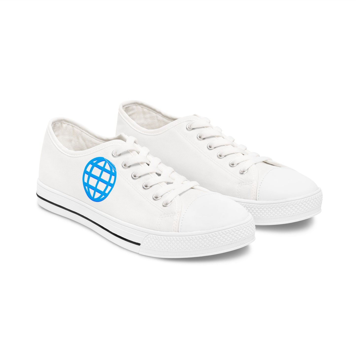 Women's Low Top Sneakers — Minimal White Canvas Shoes with Blue Globe Accent