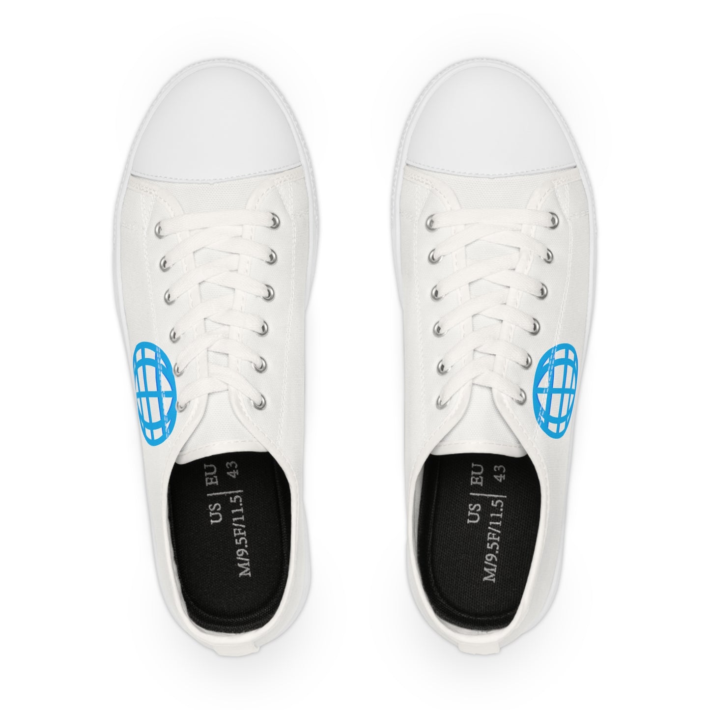 Men's White Low Top Sneakers with Blue Globe Icon — Casual Travel-Inspired Canvas Shoes