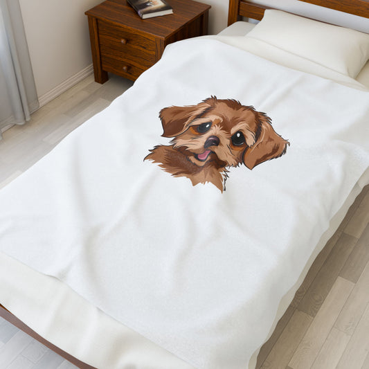 Plush Blanket with Cute Puppy Portrait – Soft Velveteen Dog Throw